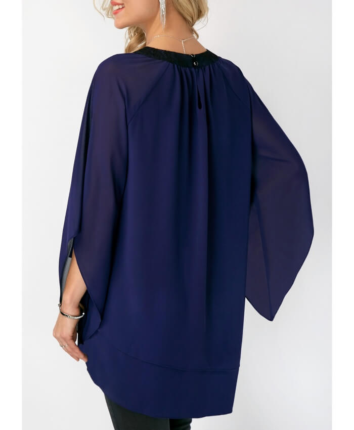 Navy Blue Keyhole Neckline Asymmetric Hem Blouse